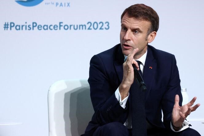 Le président français Emmanuel Macron assiste à la cérémonie d'ouverture au Palais Brongniart à Paris, le 10 novembre 2023. Photo : STEPHANIE LECOCQ / AFP