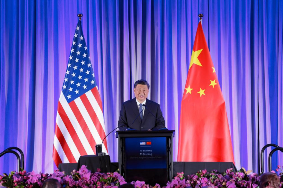 Chinese President Xi Jinping delivers a speech at Welcome Dinner by Friendly Organizations in the United States, in San Francisco, the United States, Nov. 15, 2023. (Xinhua/Yao Dawei)