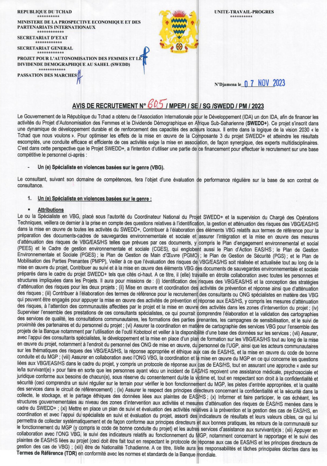 Tchad : le projet SWEDD+ lance un avis de recrutement d’un(e) spécialiste en violences basées sur le genre