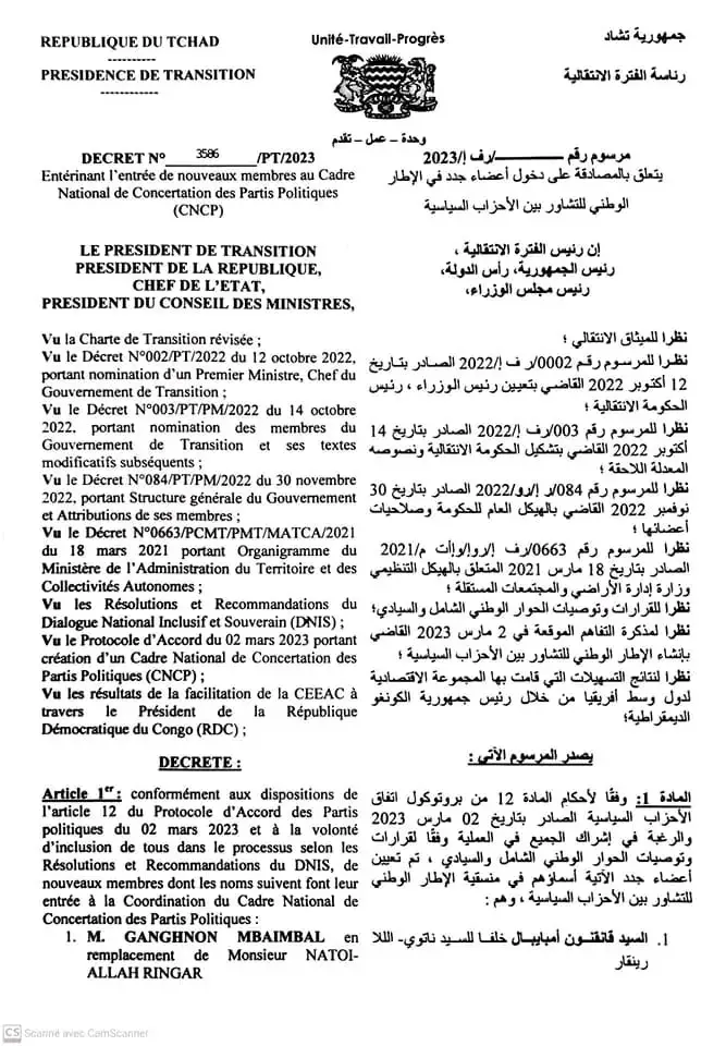 Tchad : Un décret présidentiel entérine l'arrivée de nouveaux membres au Cadre National de Concertation des Partis Politiques (CNCP)