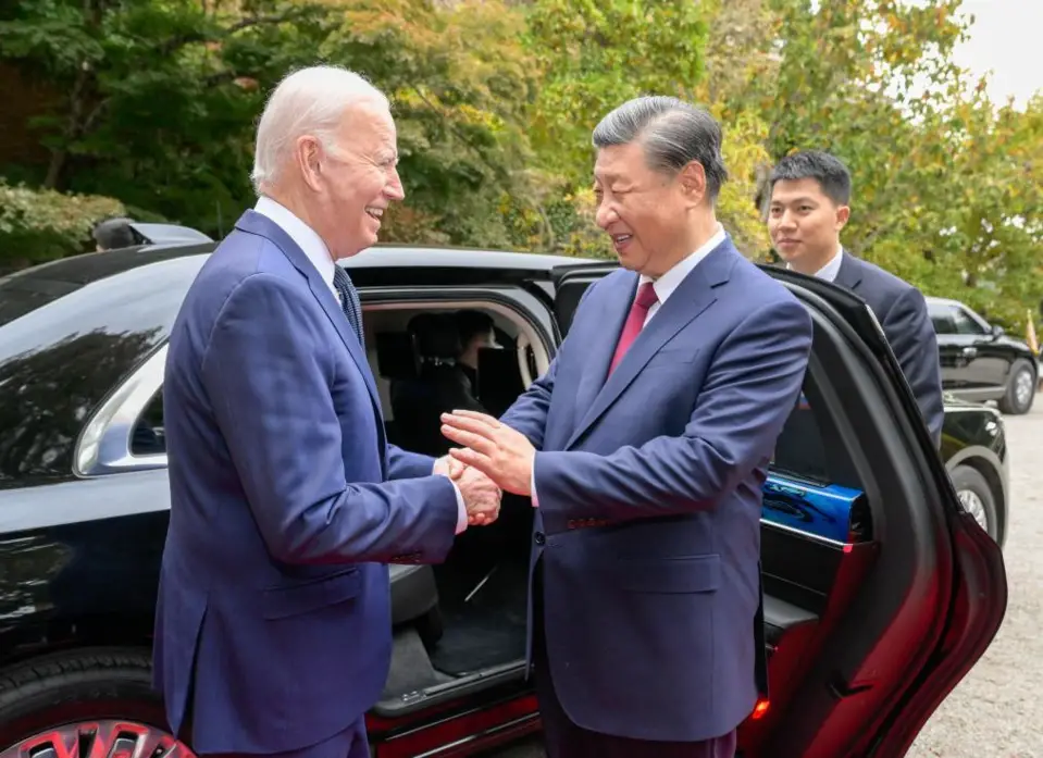 U.S. President Joe Biden escorts Chinese President Xi Jinping to his car to bid farewell after their talks in the Filoli Estate in the U.S. state of California, Nov. 15, 2023. (Xinhua/Li Xueren)