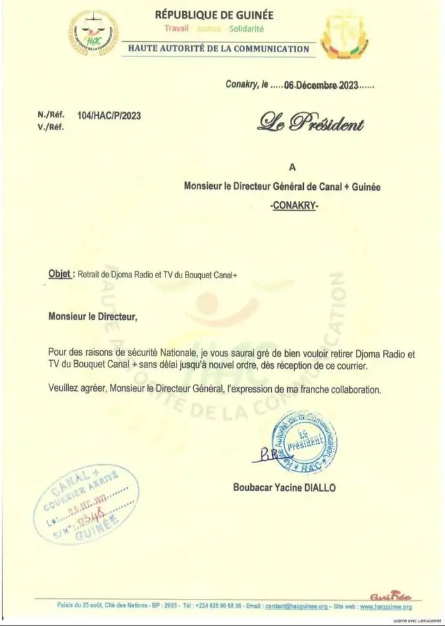 Guinée : Djoma Tv suspendue du bouquet Canal Plus « pour des raisons de sécurité nationale » (Gouvernement)