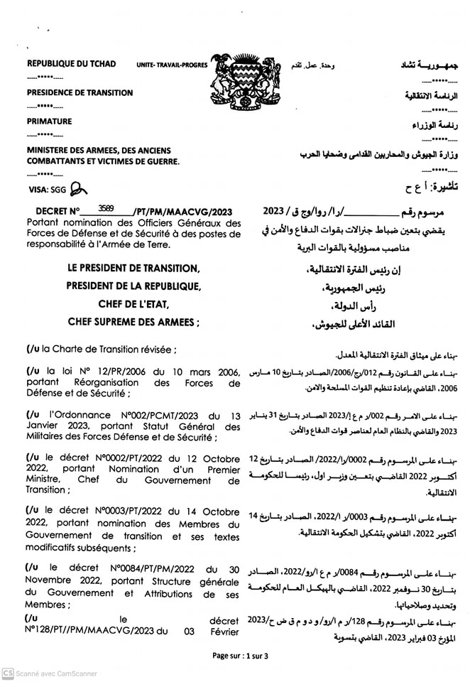 Tchad : nomination d'officiers généraux des forces de défense et de sécurité à l'armée de terre