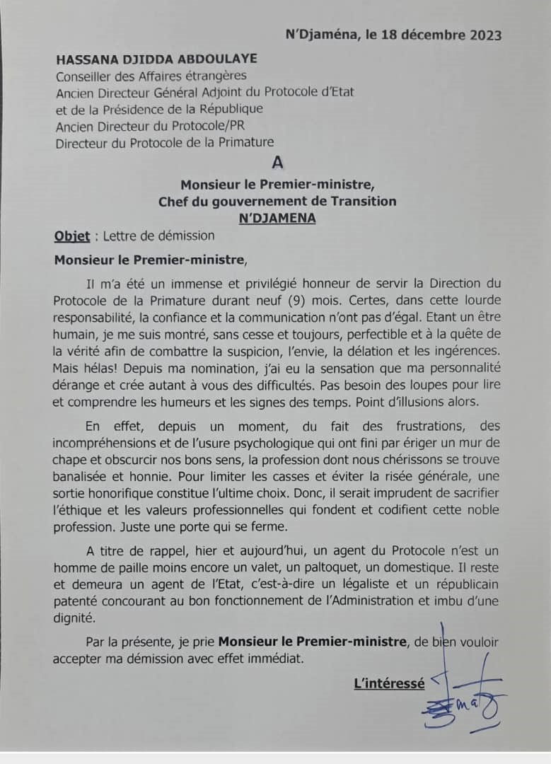 Tchad : le directeur de protocole de la Primature justifie sa démission Tchad : le directeur de protocole de la Primature justifie sa démission