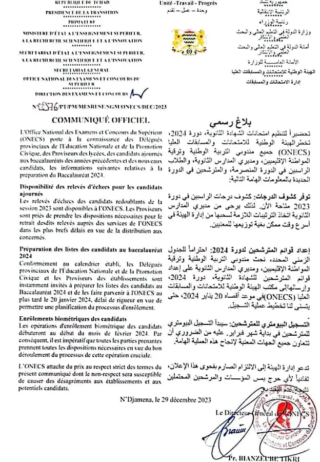 Tchad : L’ONECS annonce la disponibilité des relevés d’échecs pour les candidats ajournés de la session 2023