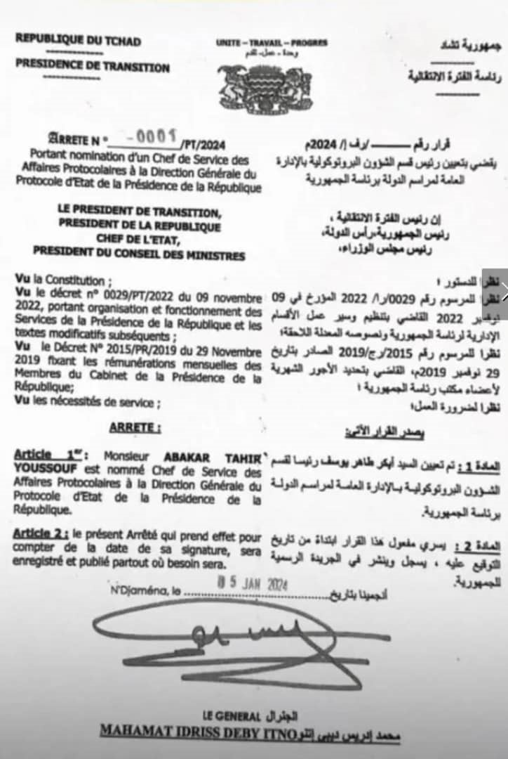 Tchad : Nomination d’un chef de service des affaires protocolaires à la direction générale du protocole d'Etat de la Présidence de la République