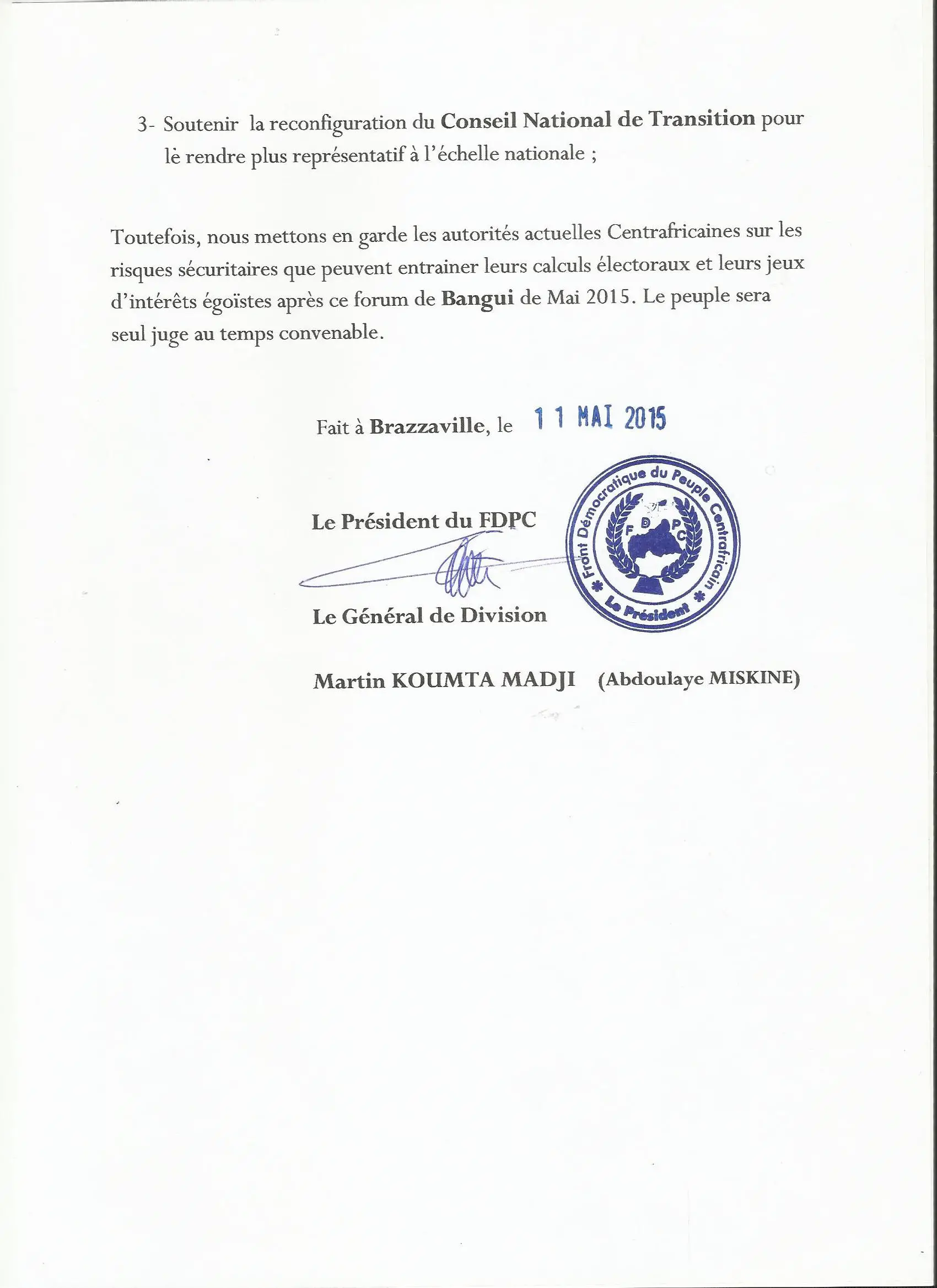 RCA : Le FDPC du général Abdoulaye Miskine met en garde les autorités