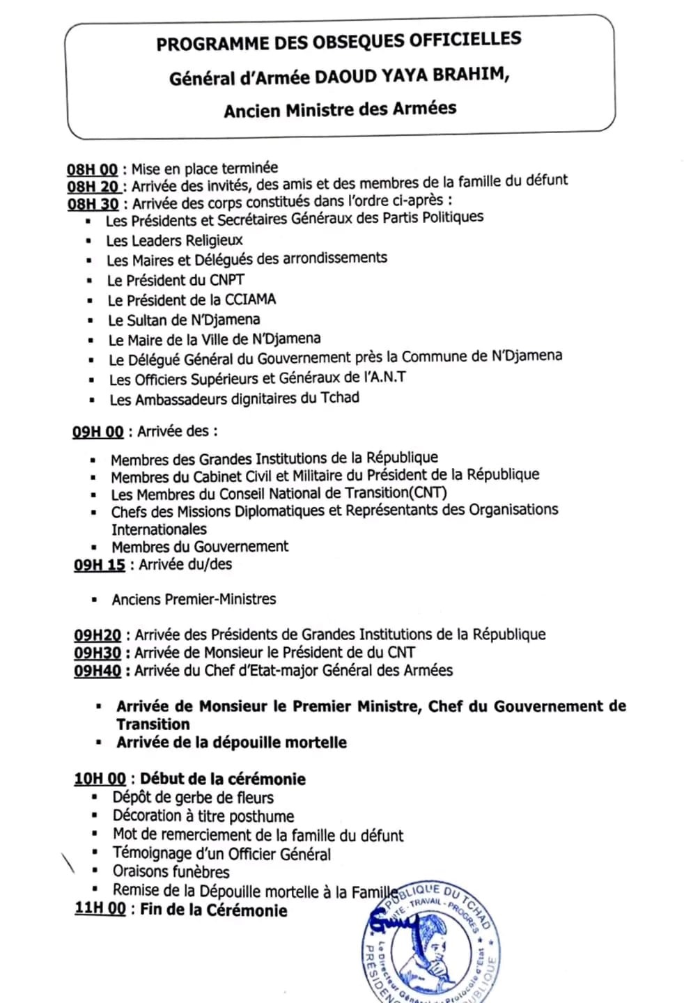 Tchad : Voici le programme des obsèques officielles pour le Général d’armée Daoud Yaya Brahim Tchad : Voici le programme des obsèques officielles pour le Général d’armée Daoud Yaya Brahim