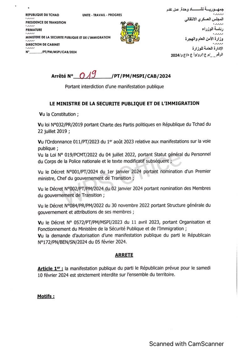 Tchad : Le Ministre de la Sécurité Publique interdit une marche ainsi qu'une manifestation pacifique du parti le Républicain