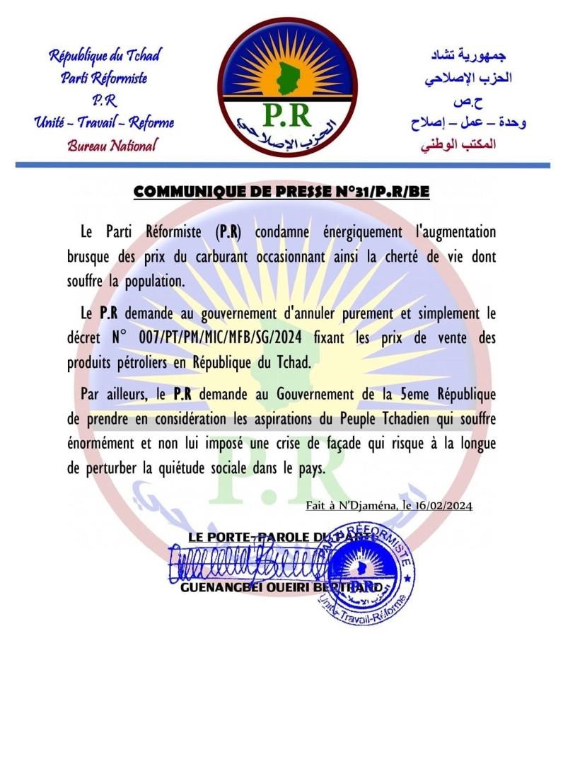 Tchad : Le Parti Réformiste condamne l’augmentation des prix du carburant