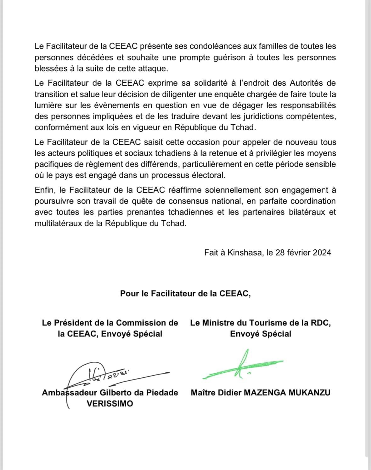 Tchad : le facilitateur de la CEEAC condamne les violences et appelle à une enquête