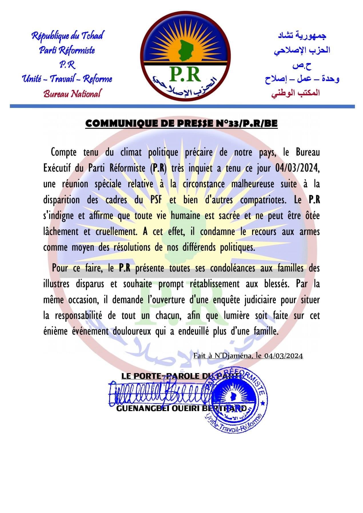 Tchad : le Parti Réformiste condamne le recours aux armes et exige une enquête sur la mort de Yaya Dillo Tchad : le Parti Réformiste condamne le recours aux armes et exige une enquête sur la mort de Yaya Dillo