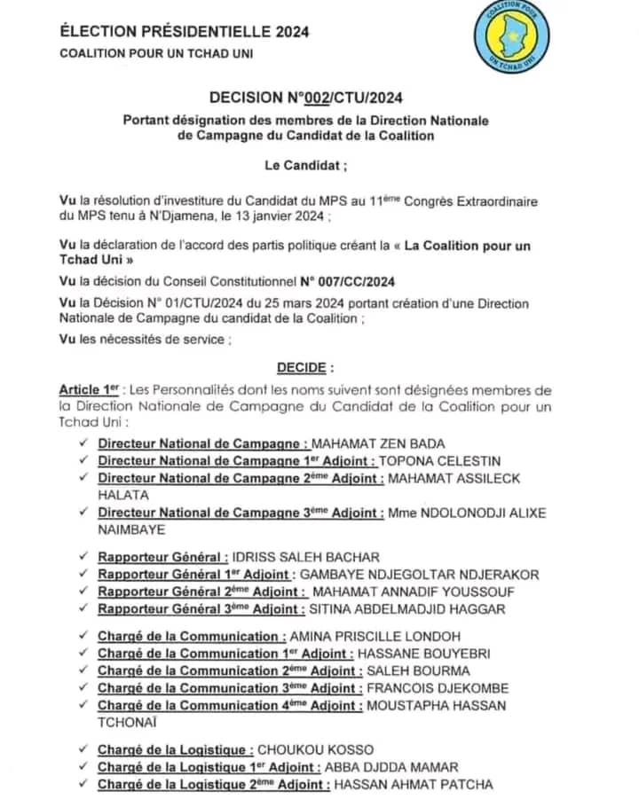 Tchad : Mahamat Zen Bada est désigné Directeur national de campagne du candidat Mahamat Idriss Deby Tchad : Mahamat Zen Bada est désigné Directeur national de campagne du candidat Mahamat Idriss Deby