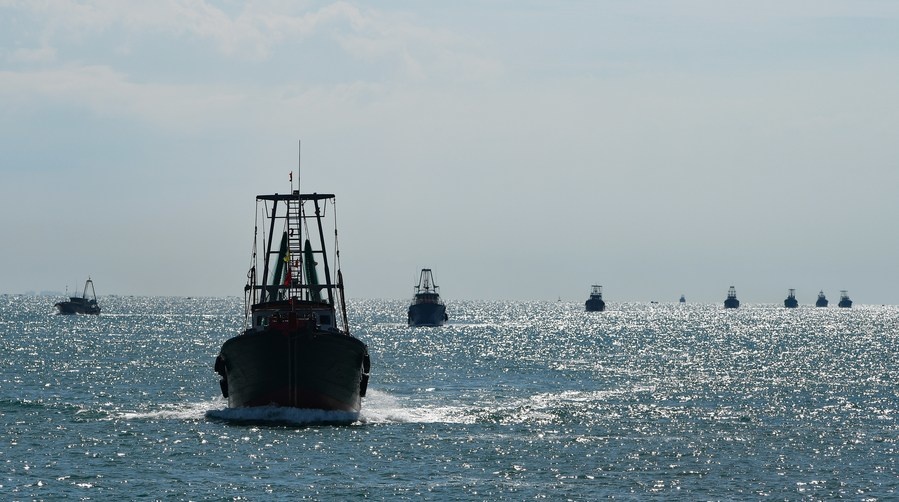 Fishing boats sail across the Qiongzhou Strait as the summer fishing moratorium ended in the South China Sea, Aug. 16, 2021. (Xinhua/Yang Guanyu)