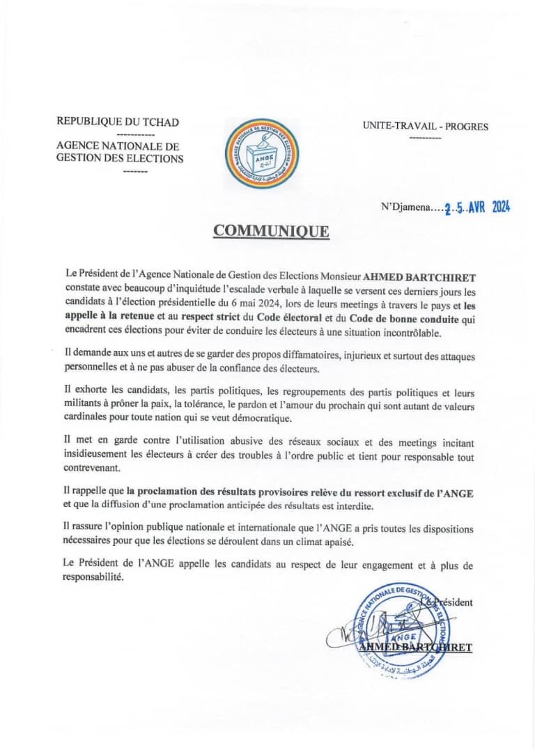 Tchad : l'ANGE met en garde contre l'escalade verbale entre les candidats à la Présidentielle