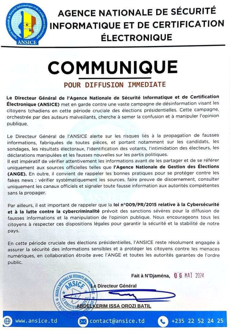 Présidentielle au Tchad : l’ANSICE met en garde contre “une vaste campagne de désinformation"