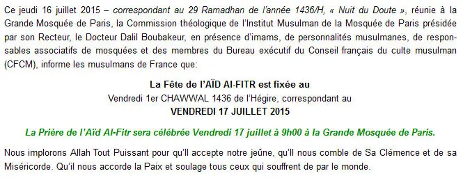 France: Aid el Fitr 2015, fête de Ramadan  est le vendredi [OFFICIEL]