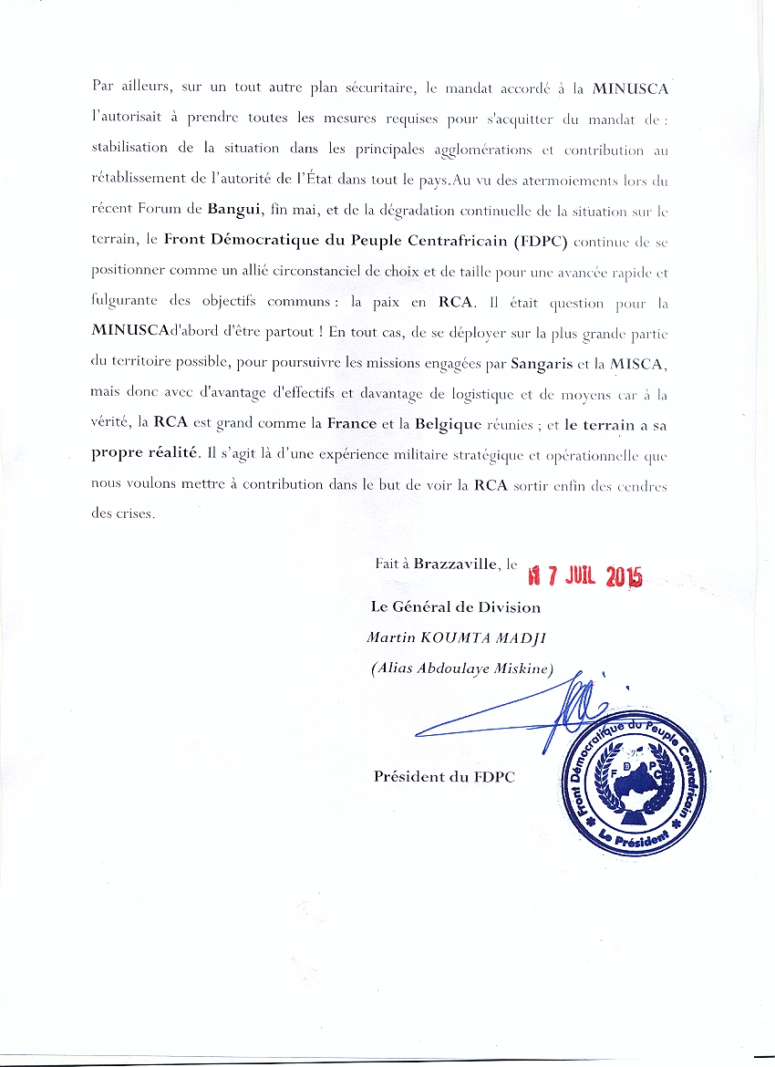 Centrafrique : Le FDPC veut mettre à contribution une expérience militaire stratégique
