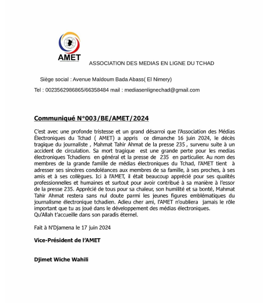 Tchad : L'AMET rend hommage au défunt journaliste Mahamat Tahir Ahmat Tchad : L'AMET rend hommage au défunt journaliste Mahamat Tahir Ahmat