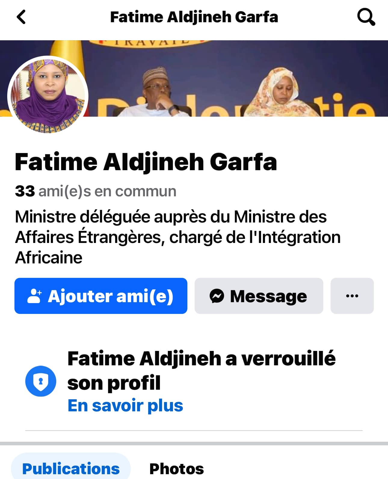 Tchad : Attention aux faux profils Facebook de la Ministre Déléguée Fatime Aldjineh Garfa Tchad : Attention aux faux profils Facebook de la Ministre Déléguée Fatime Aldjineh Garfa