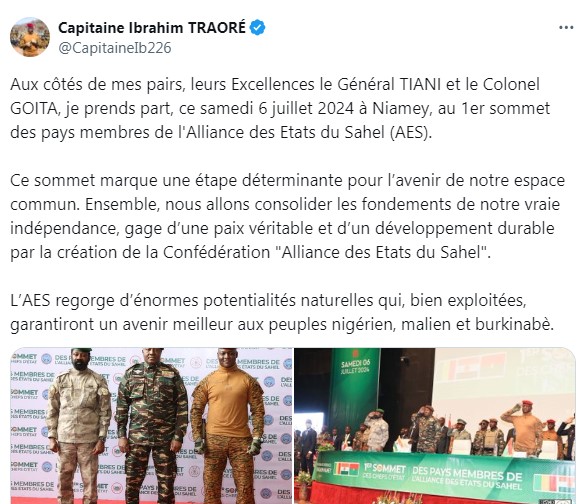 Le Premier sommet de l’AES « marque une étape déterminante » pour l’avenir des trois pays, selon le Président du Burkina Faso, le Capitaine Ibrahim Traoré Le Premier sommet de l’AES « marque une étape déterminante » pour l’avenir des trois pays, selon le Président du Burkina Faso, le Capitaine Ibrahim Traoré