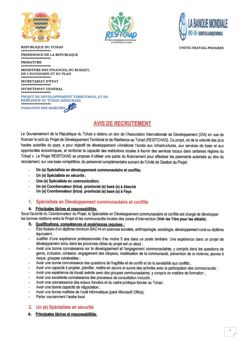 Tchad : Le projet RESITCHAD lance un avis de recrutement de personnel complémentaire