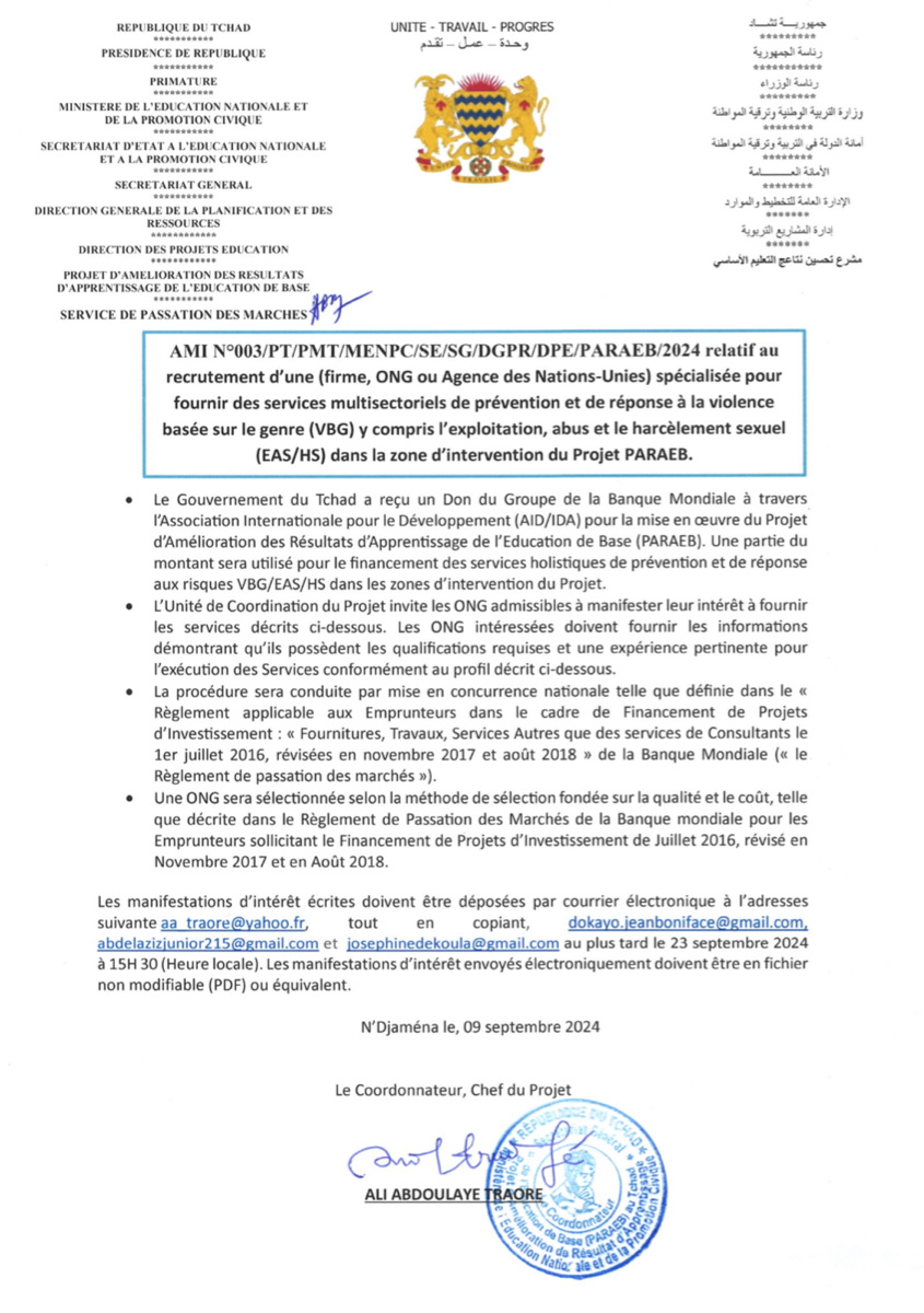 Tchad : Avis à manifestation d’interêt du Projet PARAEB pour un recrutement (firme, ONG ou Agence des Nations-Unies) Tchad : Avis à manifestation d’interêt du Projet PARAEB pour un recrutement (firme, ONG ou Agence des Nations-Unies)