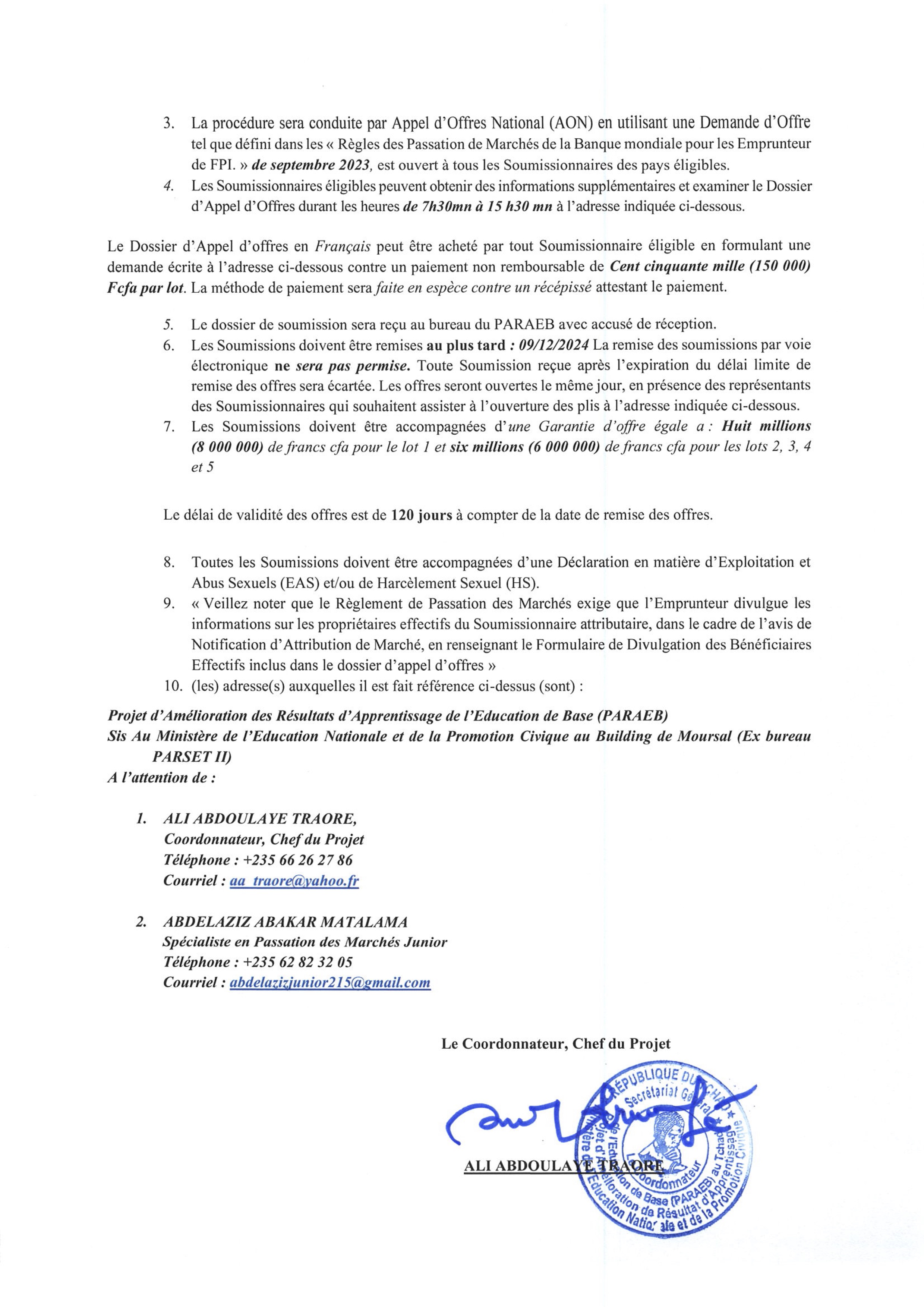 Tchad : Avis spécifique d'appel d'offres pour la construction des Infrastructures Scolaires dans la Province du Chari Baguirmi (PARAEB)