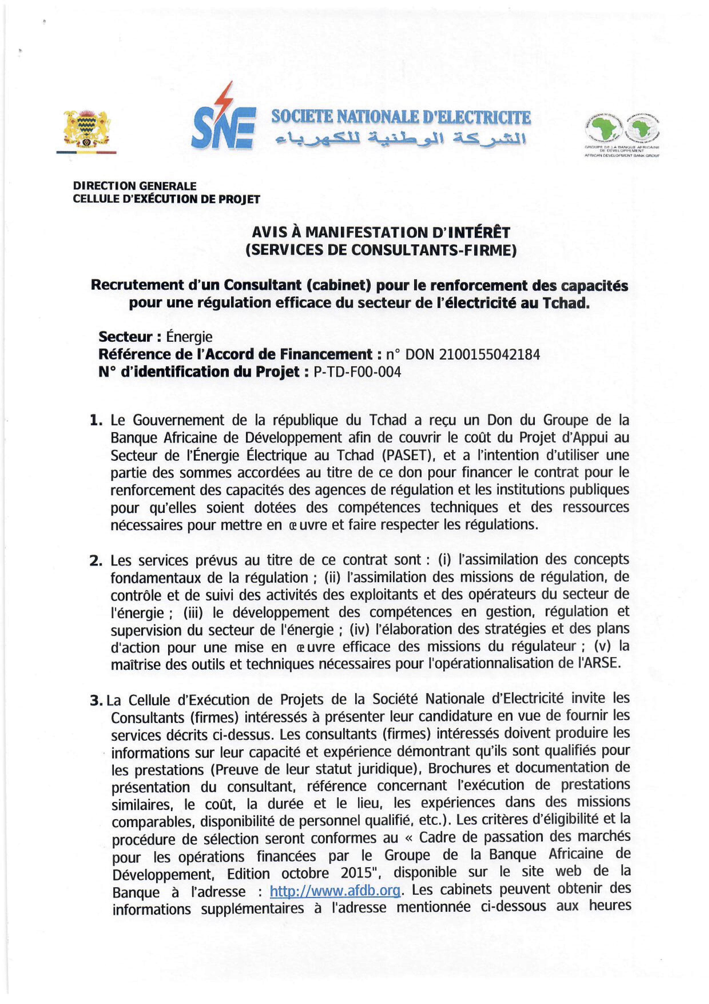 Tchad : Avis à Manifestation d'Intérêt pour le renforcement des capacités pour une régulation efficace du secteur de l'électricité au Tchad (CEP-SNE)