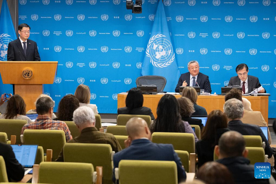 Fu Cong (2nd R, rear), China's permanent representative to the United Nations, briefs reporters on the program of work of the Security Council for the month at the UN headquarters in New York, Feb. 3, 2025. While assuming the rotating presidency of the United Nations Security Council for February, China will work on the priorities of reaffirming member states' commitment to multilateralism and enhancing global governance, the Chinese envoy said Monday. (Manuel Elias/UN Photo/Handout via Xinhua) Fu Cong (2nd R, rear), China's permanent representative to the United Nations, briefs reporters on the program of work of the Security Council for the month at the UN headquarters in New York, Feb. 3, 2025. While assuming the rotating presidency of the United Nations Security Council for February, China will work on the priorities of reaffirming member states' commitment to multilateralism and enhancing global governance, the Chinese envoy said Monday. (Manuel Elias/UN Photo/Handout via Xinhua)