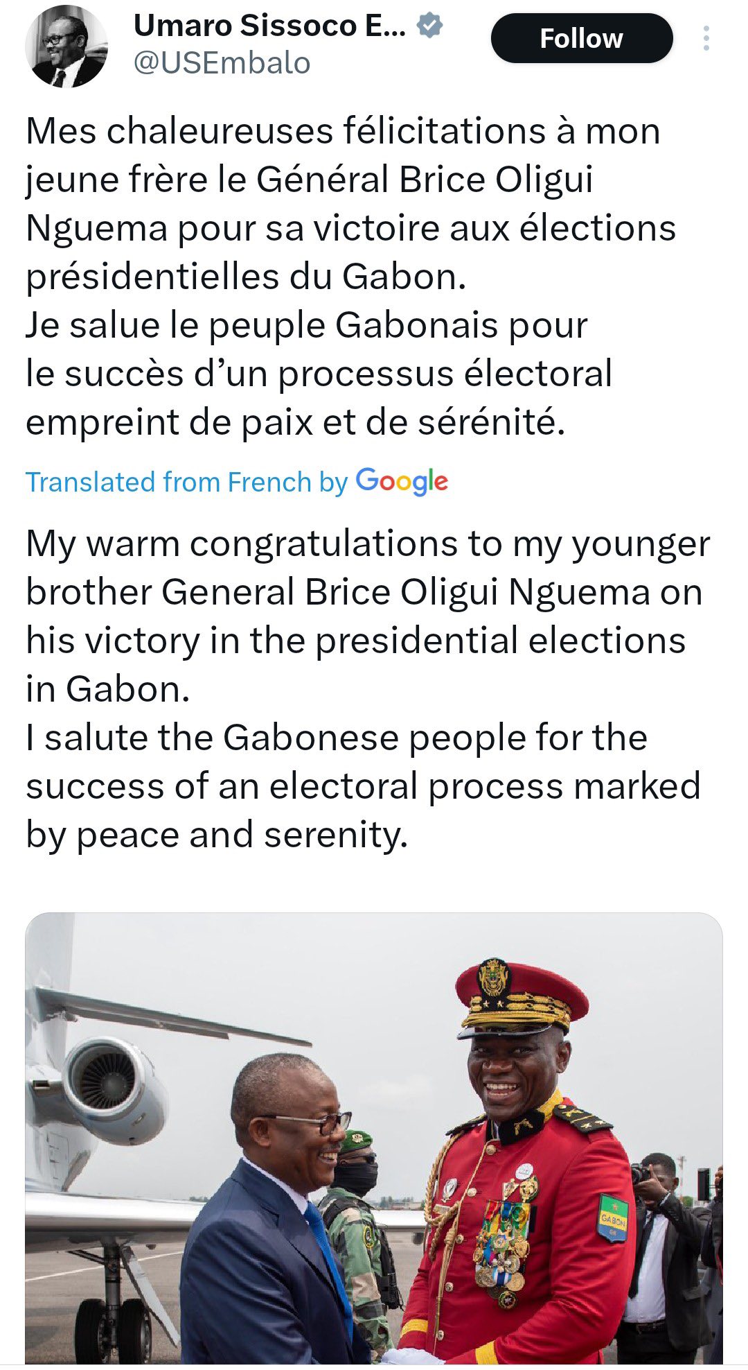Présidentielle au Gabon : Le Président de Guinée-Bissau félicite le Général Brice Oligui Nguema avant l'annonce des résultats Présidentielle au Gabon : Le Président de Guinée-Bissau félicite le Général Brice Oligui Nguema avant l'annonce des résultats