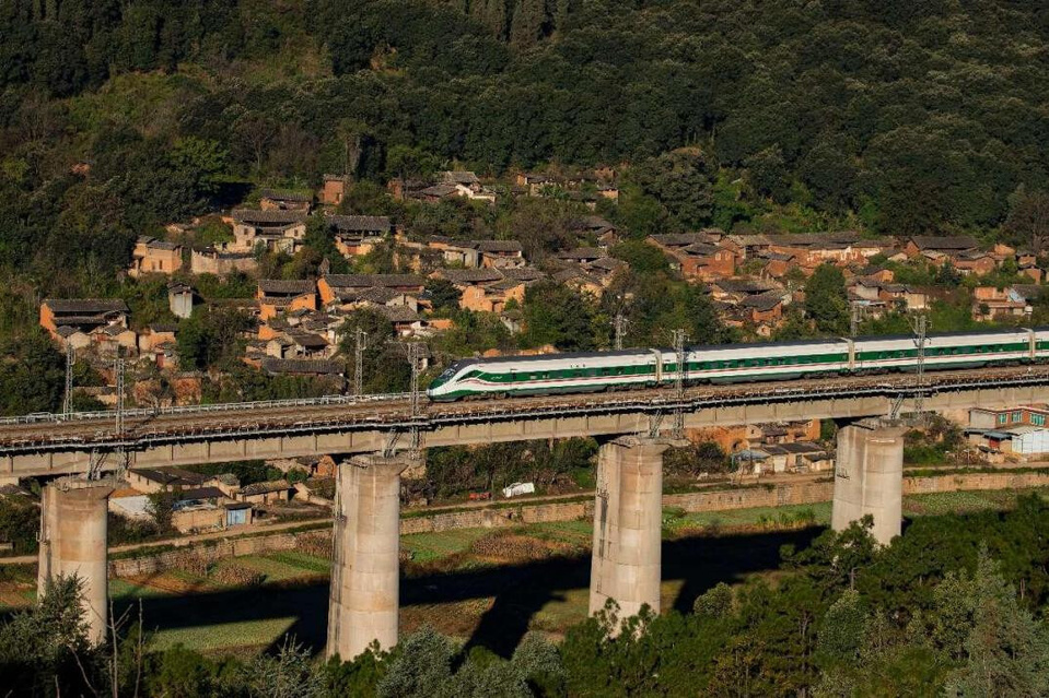 A bullet train runs in the Yuxi section of the China-Laos Railway in southwest China's Yunnan province. (Photo by Zheng Yi/People's Daily Online)