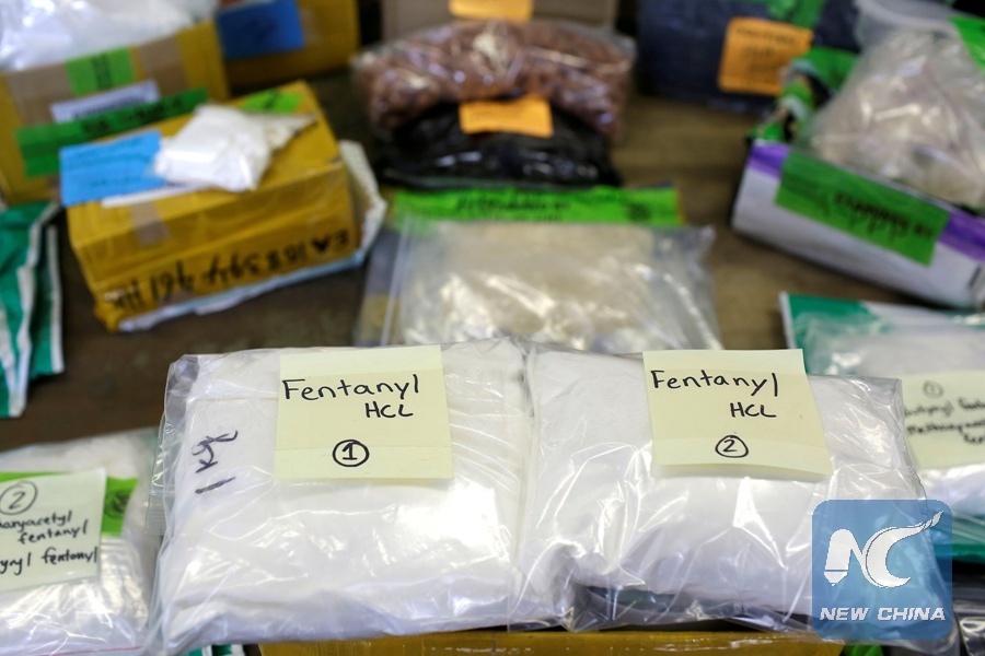 File Photo: Plastic bags of fentanyl are displayed on a table at the U.S. Customs and Border Protection area at the International Mail Facility at O'Hare International Airport in Chicago, Illinois, U.S. Nov. 29, 2017. (Xinhua/REUTERS)