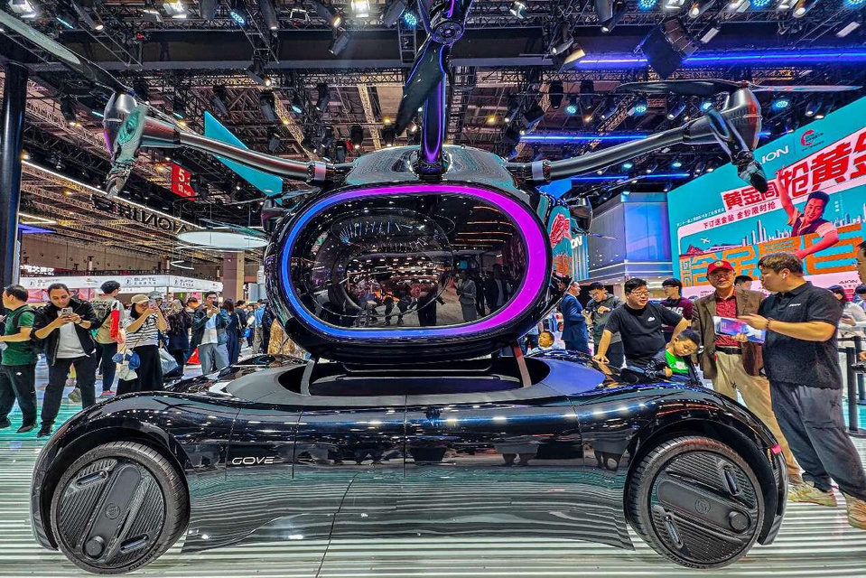 GOVY AirCar, the world's first mass-production-grade multi-rotor flying car is exhibited at the Shanghai Auto 2025, April 26, 2025. (Photo by Wang Chu/People's Daily Online)