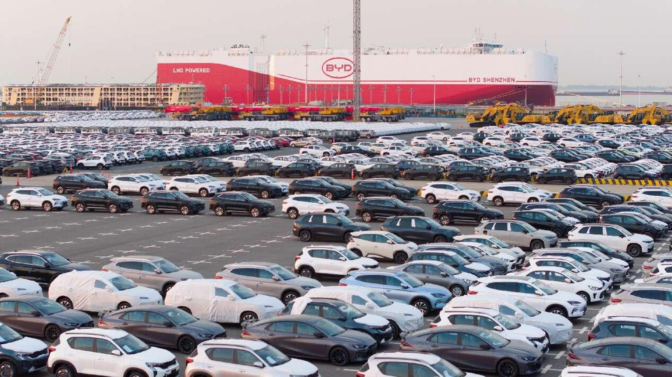 New energy vehicles are loaded onto the world's largest car carrier "BYD Shenzhen" at a terminal in Taicang, east China's Jiangsu province, which is bound for Brazil, April 27, 2025. (Photo by Yuan Xinyu/People's Daily Online)