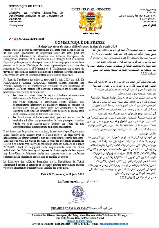 Suspension des visas : le Tchad engage un dialogue avec les États-Unis Suspension des visas : le Tchad engage un dialogue avec les États-Unis