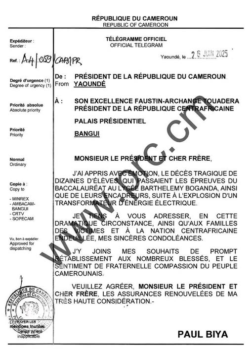 Tragédie au Lycée Barthélémy Boganda : Le Cameroun présente ses condoléances à la RCA après l'incendie meurtrier Tragédie au Lycée Barthélémy Boganda : Le Cameroun présente ses condoléances à la RCA après l'incendie meurtrier