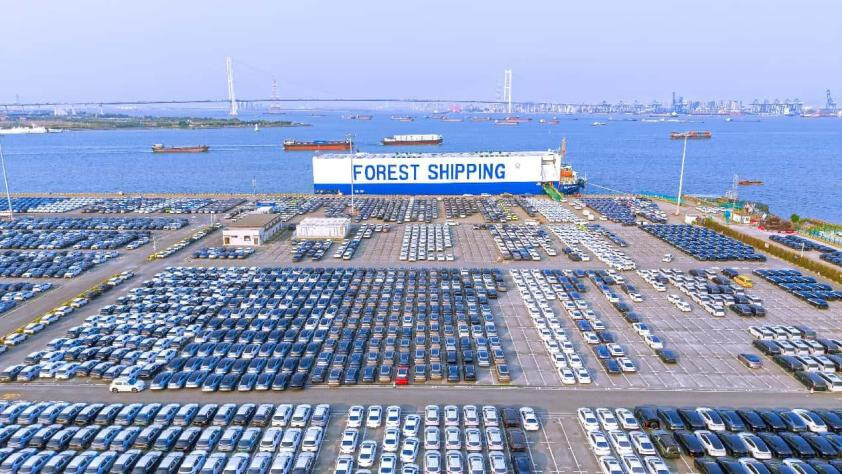 Vehicles are loaded onto a roll-on/roll-off ship in Guangzhou Port, south China's Guangdong province. (Photo by Lyu Huadang/People's Daily Online)