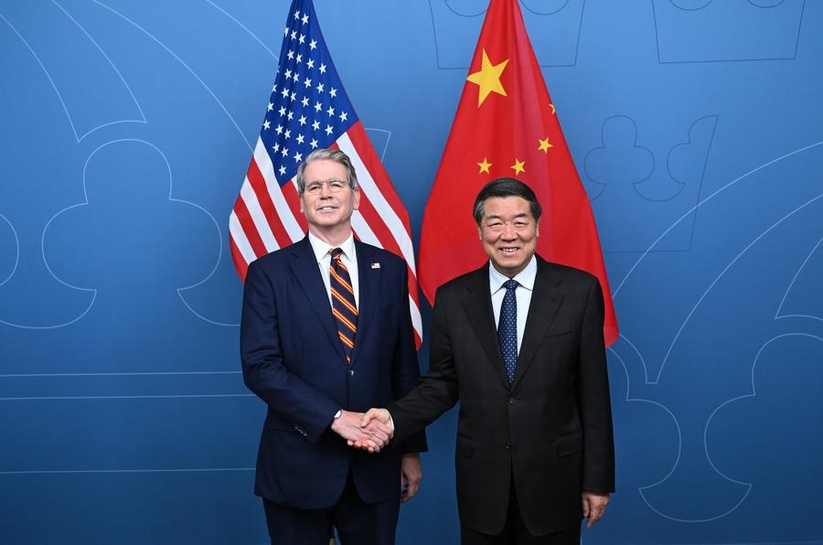 Chinese Vice Premier He Lifeng, also a member of the Political Bureau of the Communist Party of China Central Committee, shakes hands with U.S. Treasury Secretary Scott Bessent prior to a new round of China-U.S. economic and trade talks in Stockholm, Sweden, July 28, 2025. (Xinhua/Dai Tianfang) Chinese Vice Premier He Lifeng, also a member of the Political Bureau of the Communist Party of China Central Committee, shakes hands with U.S. Treasury Secretary Scott Bessent prior to a new round of China-U.S. economic and trade talks in Stockholm, Sweden, July 28, 2025. (Xinhua/Dai Tianfang)