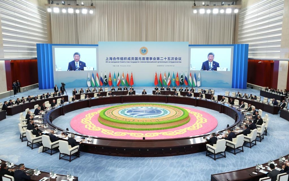 Chinese President Xi Jinping chairs the 25th Meeting of the Council of Heads of State of the Shanghai Cooperation Organization (SCO) and delivers a speech titled "Staying True to SCO Founding Mission And Ushering in a Better Future" in Tianjin, north China, Sept. 1, 2025. (Xinhua/Ding Haitao)