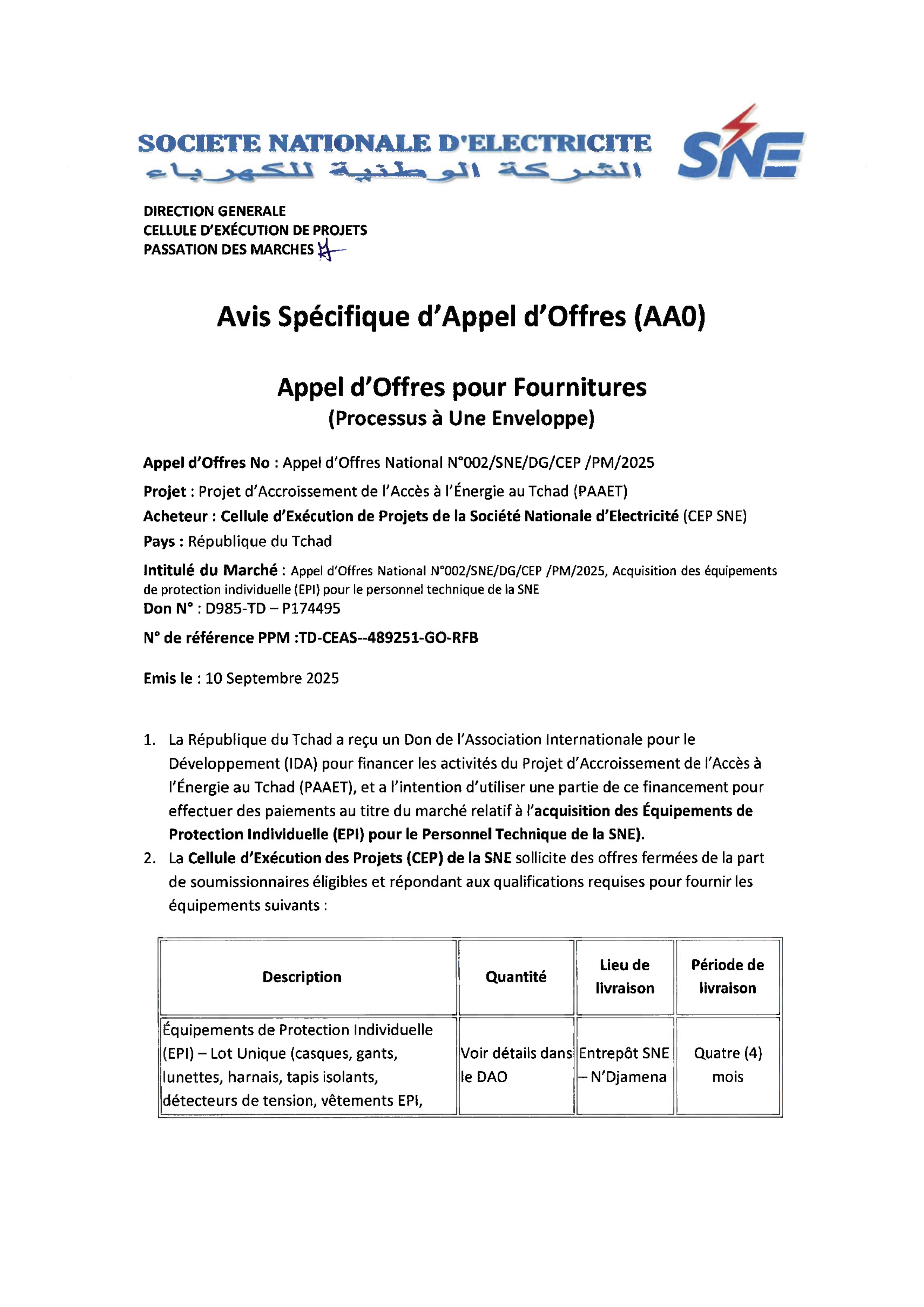 Tchad : Avis d'Appel d'Offres pour acquisition des équipements de protection individuelle (Projet PAAET)