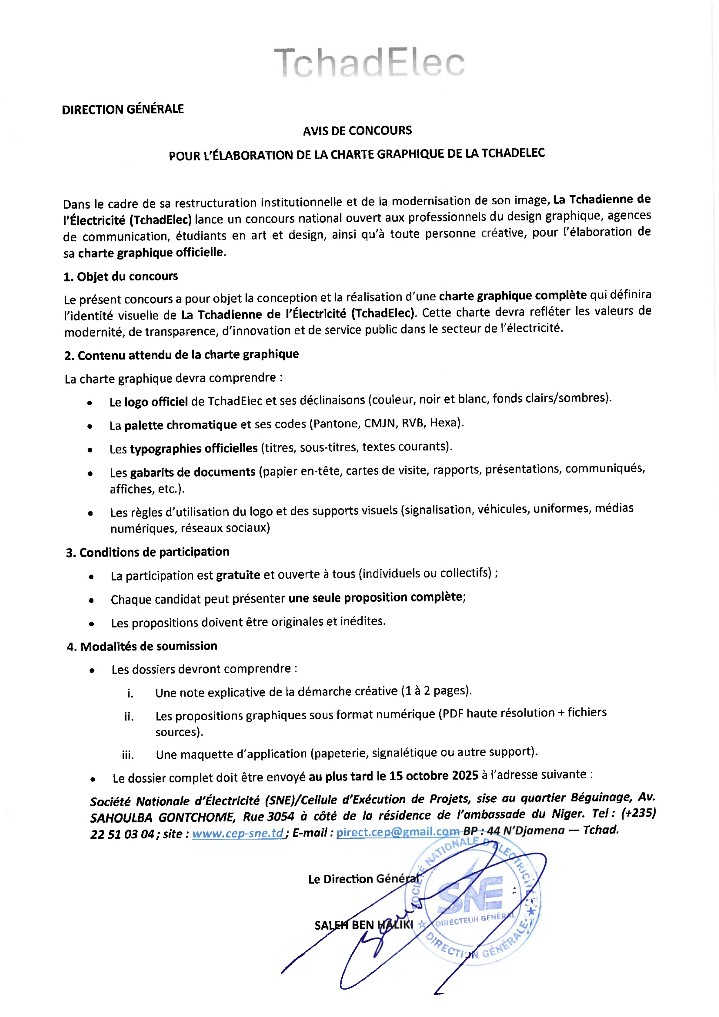 Tchad : La Tchadienne de l’Électricité (TchadElec) lance un concours national pour l’élaboration de sa charte graphique officielle