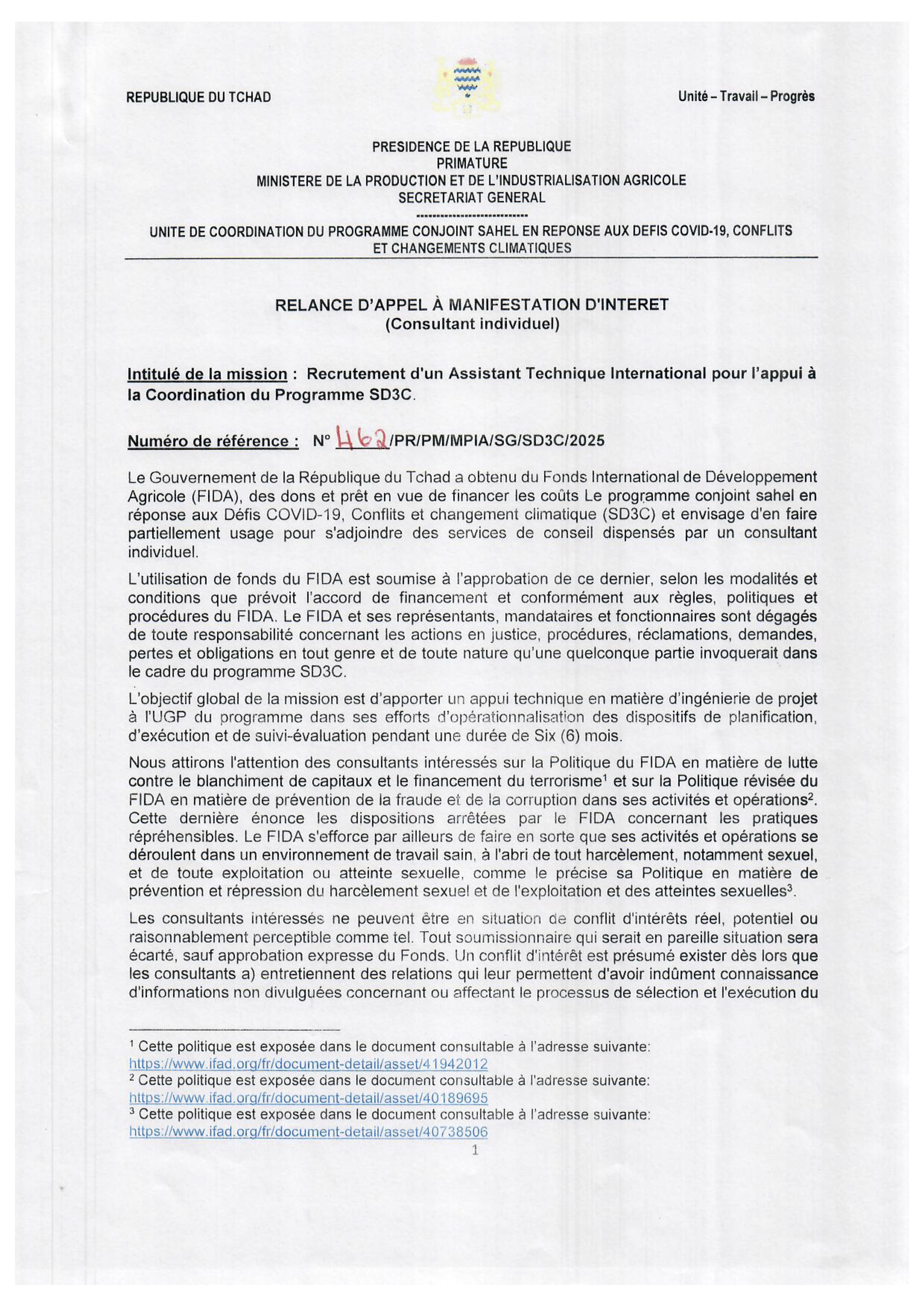 Tchad : Relance Recrutement d'un Assistant Technique International pour l'appui à la Coordination du Programme SD3C