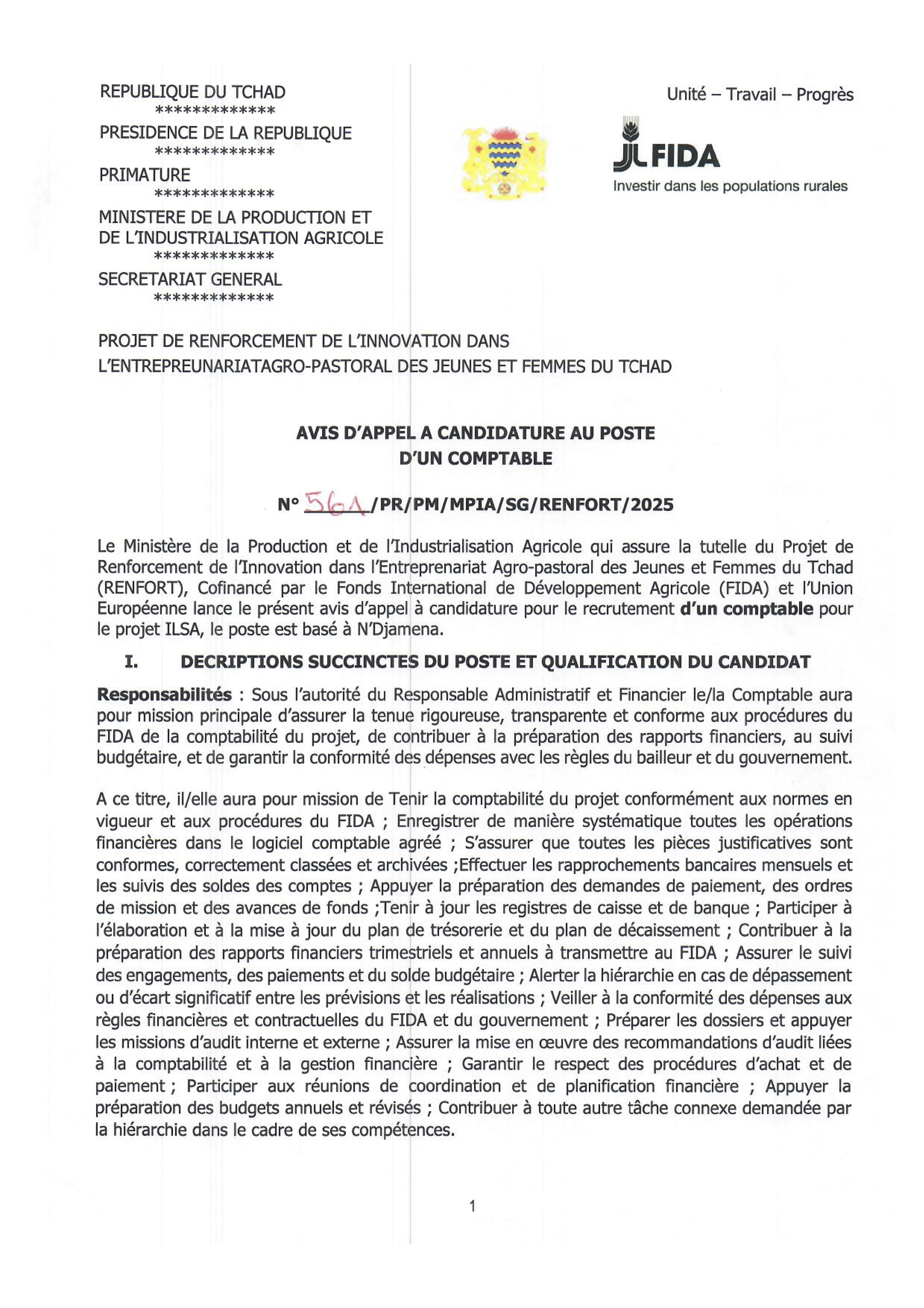 Tchad : Avis d'appel à candidature au poste d'un Comptable (Projet RENFORT)
