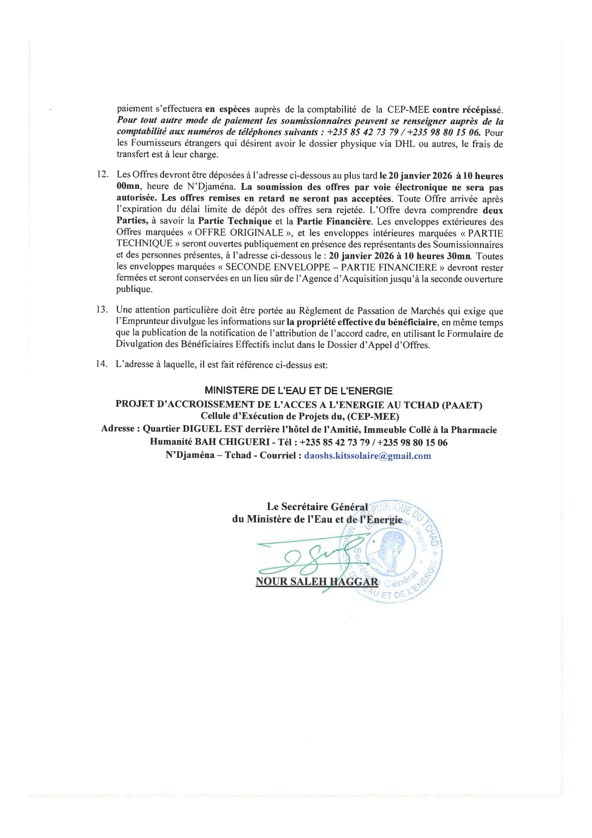 Tchad : Avis d'Appel d'Offres pour Fournitures de Kits Solaires Domestiques (Projet PAAET)