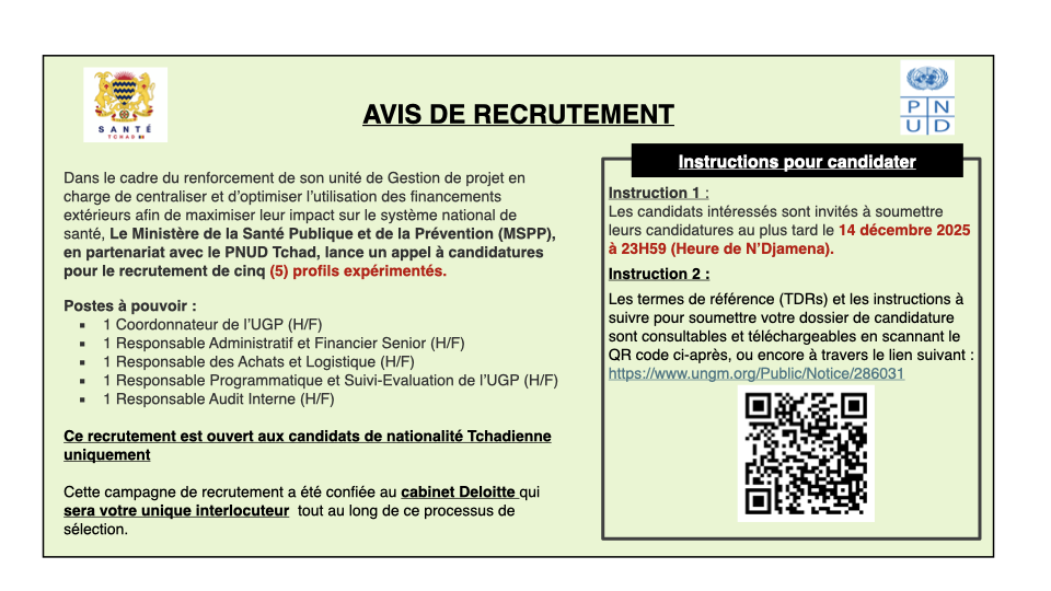 Tchad : Avis de recrutement – 5 postes clés au sein de l’UGP du Ministère de la Santé Publique et de la Prévention