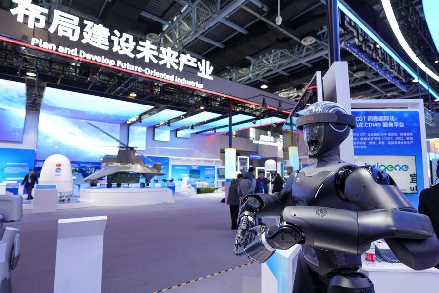A humanoid robot poses during a permanent exhibition at the Zhongguancun Exhibition Center in Beijing, capital of China, March 28, 2025. (Xinhua/Ju Huanzong)