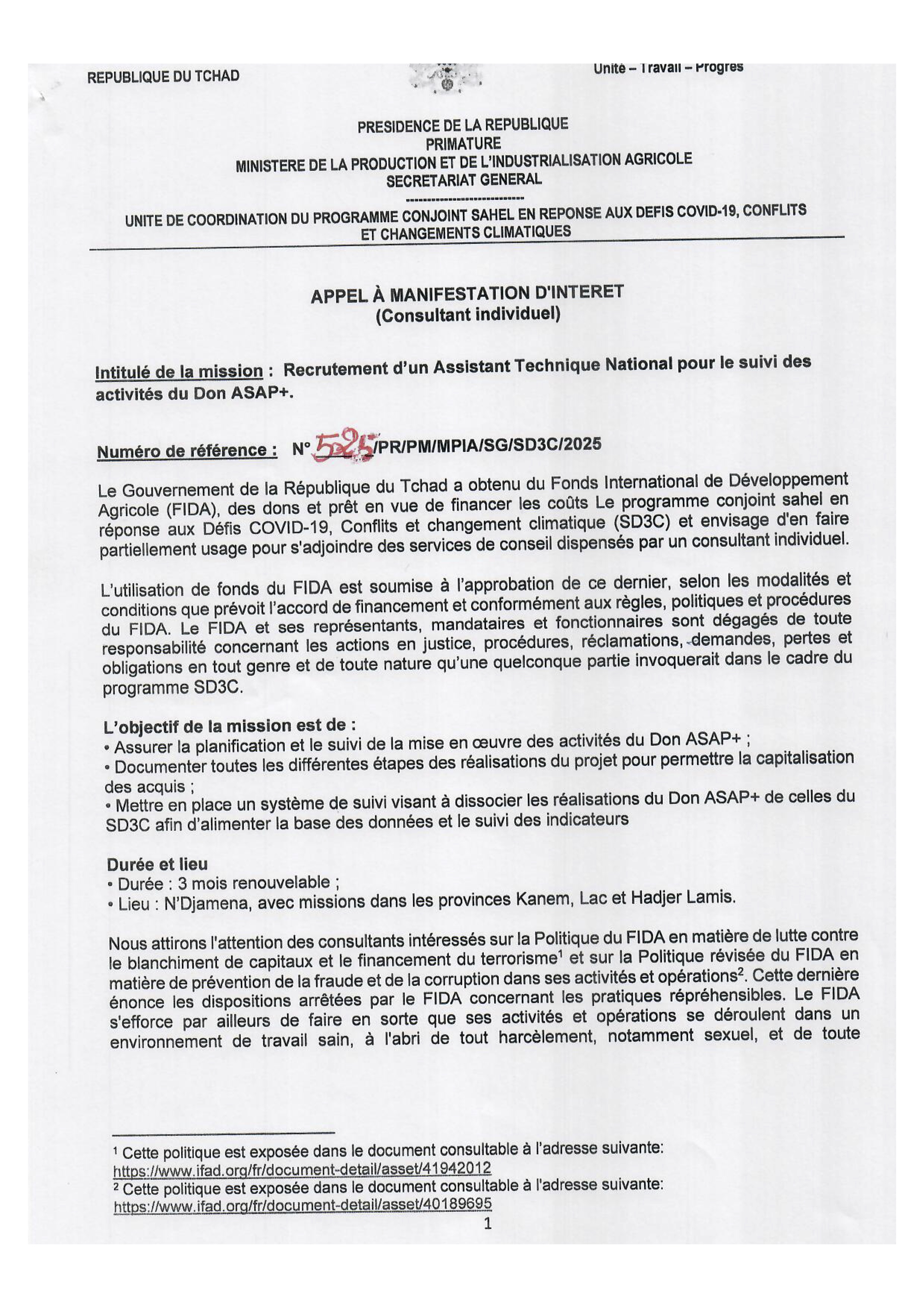 Tchad : Recrutement d'un Assistant Technique National pour le suivi des activités du Don ASAP+ (Programme SD3C)
