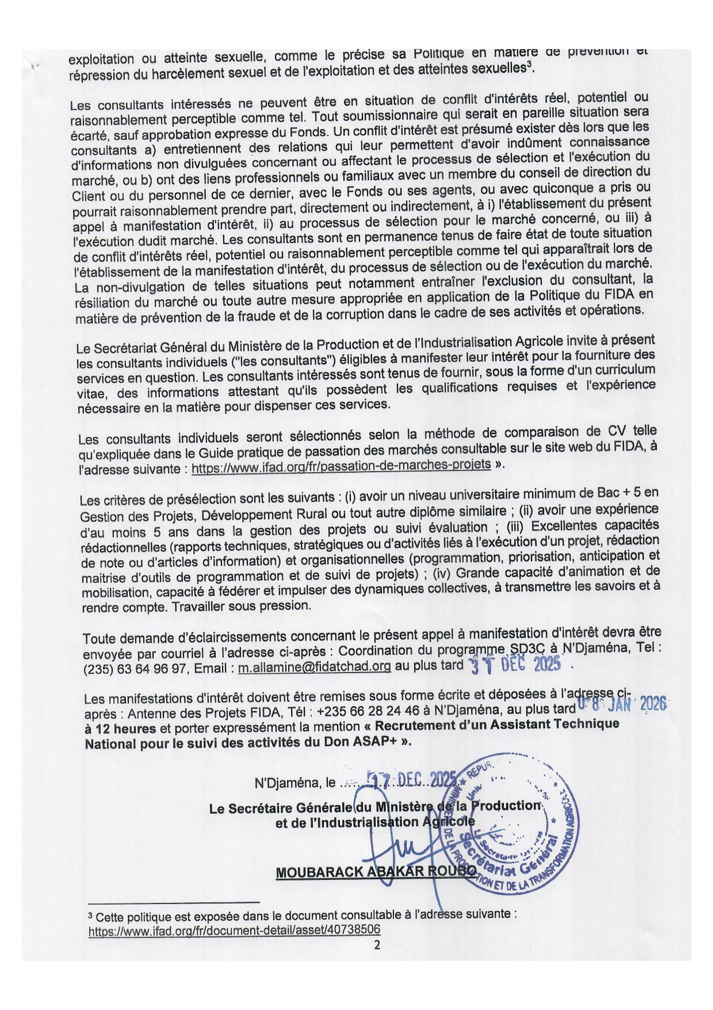 Tchad : Recrutement d'un Assistant Technique National pour le suivi des activités du Don ASAP+ (Programme SD3C)