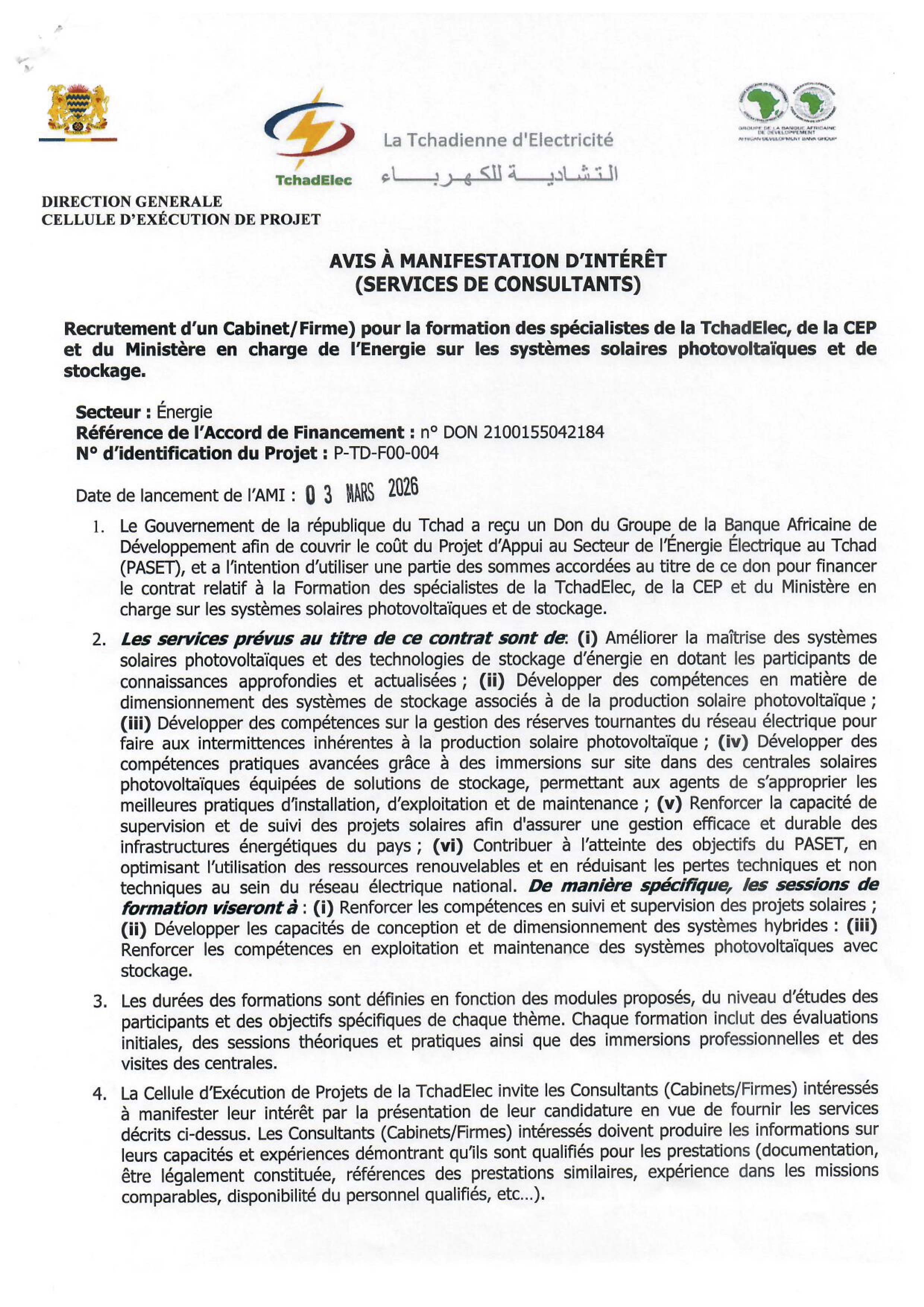 Tchad : TchadElec lance un appel à manifestation d’intérêt pour former des spécialistes en énergie solaire photovoltaïque